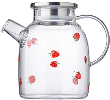 Théière transparente pour infusion à froid - Pichet en verre avec couvercle - 1600 ml - Bouilloire en verre - Imprimé fraise - Pichet à thé - Pour vin, café, boisson, eau, lait, théière transparente