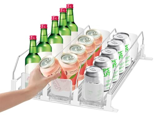Domigard Drink Organizer, 3 Rows 38cm Automatic Can Dispenser, Holds 15 Cans, Width Adjustable Fridge Organization, Can Holder Dispenser with Pusher Glide