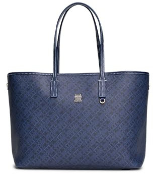 Tommy Hilfiger Tragetasche aus Leder mit Monogramm und Reißverschlusstasche, Space Blue, Einheitsgröße