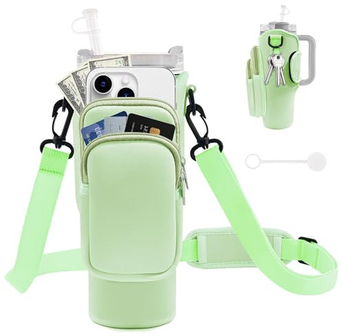 JEBEALUO Water Bottle Carrier Bag with Phone Pocket for Stanley Cup 40/30 oz, Water Bottle Holder with Adjustable Strap& Straw Cover, Stanley Cup Accessories (Mint Green)