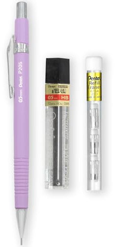 Pentel P205-97C Porte-mine automatique – Gamme Pastel Floral – Simple + 12 mines de recharge Hi-Polymer HB 0,5 mm + Tube de 4 recharges pour gomme Z2-1N (violet pastel)
