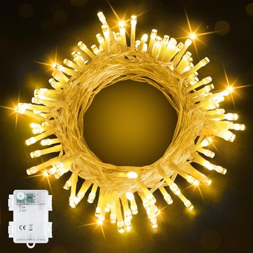 Bowfar Lichterkette Außen Batterie, 10M 100LED Warmweiß Lichterkette mit 6h Timer, IP65 Wasserdicht Lichterkette Batterie für Innen Zimmer Party Weihnachten Outdoor Camping (Durchsichtigen Kabel)