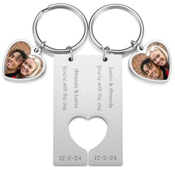 PiercingJak 2PCS Porte-clés Couple Cœur Personnalisé Photo Gravé Texte Porte Clef Amoureux Amour Pendentif Puzzle Séparable Acier Inoxydable Cadeau Anniversaire Femme Homme