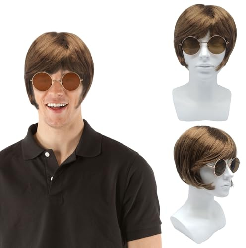 UILYNIU 70er Jahre Funky Hippie Perücke mit Sonnenbrille Retro Disco Punk Rocker Perücken Schwarm Perücke für Fasching Karneval Halloween Themenparty Mottoparty Kostüm Zubehör (Braun)