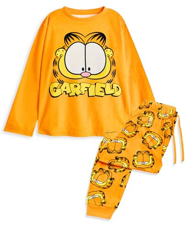 Garfield Kids 2 Piece Pyjama Set | Velour Fleece Children's Orange Lazy Cat Long Leg Bottoms & Long Sleeve Night Top | Character Face Graphic Print PJs | Cartoon TV Series Merchandise Gift