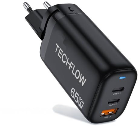 TechFlow 65W Fast Charger - 2 USB-C & 1 USB-A Ports, Universal Travel Charger with UK/US/EU Adapters, Compatible with iPhone, Samsung, Huawei, MacBook, Dell XPS, HP Laptops etc, GaN Wall Quick Charge