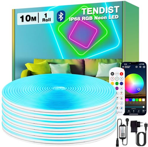 TENDIST 10M Flexible Ruban LED Neon RVB, IP68 Bluetooth 120 LED/Mètre Bande LED Exterieur Etanche avec Sync Musique et Télécommande, DIY Lampe LED Néon pour Cour, Porche, Fêtes, Festivités