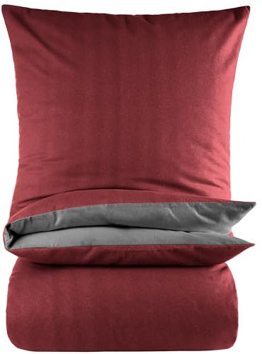 BaSaTex Biber Uni Bettwäsche Set - Bettbezug 155x220 + 80x80 Kissenbezug - kuschelige warme Winter Flausch Bettgarnitur - Anthrazit Bordeaux