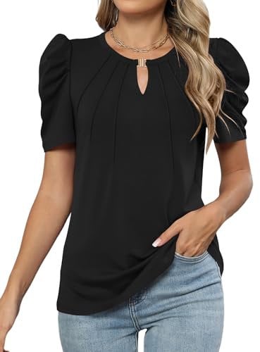 iWoo Womens Tops & T-Shirts Dressy Gigot Sleeve T Shirts Crew Neck Short Sleeve Summer Blouses Fashion Pleated Tunic Blouse Black XL