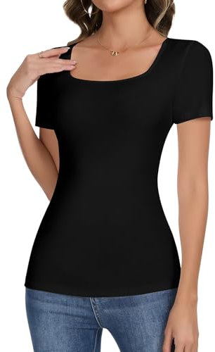 SHAPERIN Women Summer Tshirt Square Neck Short Sleeve Tops Elegant Casual Ribbed Blouse Slim fit Tee Shirt, Black, M