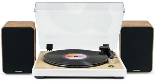 Pickering Tourne Disque Pré-amplifié Thomson TT301 Finition Bois/Blanc - 33/45 Tours, Lecture et Retour du Bras Auto. Enceintes Bois 100W