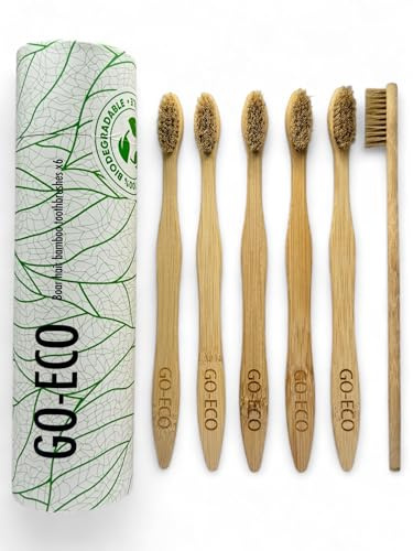 GO-ECO Bamboo Toothbrushes Pack of 6 – Boar Bristle Toothbrush Set, Natural Plastic Free Toothbrushes, Nylon-Free Soft Bristles, Compostable Packaging