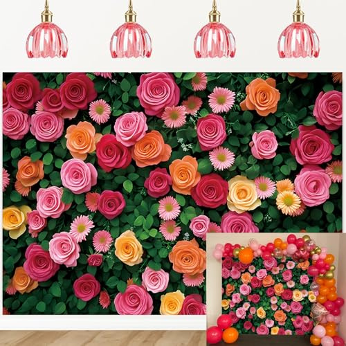 Flower Wall Backdrop Colorful Rose Floral Green Leaf Wall Photography Background Wedding Bridal Shower Birthday Party Decoration Background (8X6FT (240x180cm))