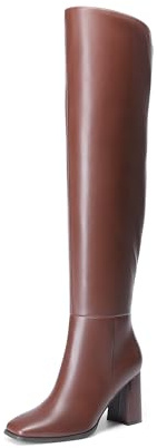 DREAM PAIRS Women's Tall Over the Knee Boots Thigh High Fall Block Chunky Heeled Knee High Long Boots with Fashion Square Toe and Side Zipper,Size 8,Brown,DWUMOB2515