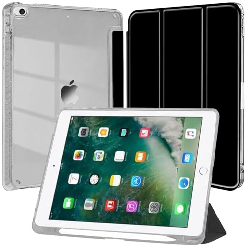 Custodia per iPad 9,7 Pollici (6a/5a Generazione, 2018/2017) con Portapenne, Chiaro Trasparente Retro Conchiglia Sottile Antiurto Tablet Cover, Auto Sveglia/Sonno, Nero