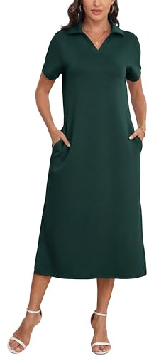 GRECERELLE Robe polo d'été longue à manches courtes et anti-plis avec poches pour un usage quotidien décontracté et professionnel