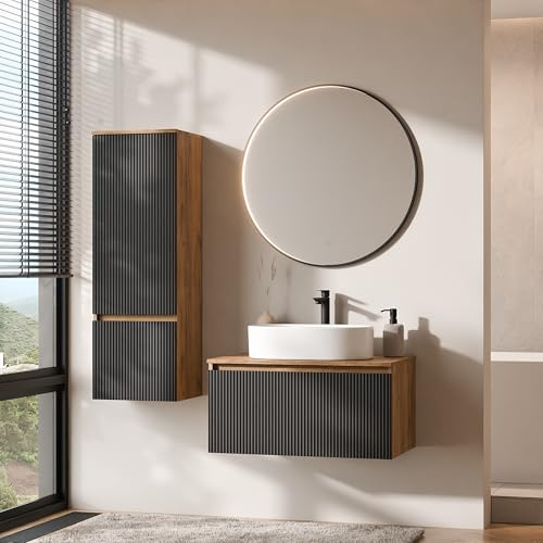 Planetmöbel Arisa Badmöbel Set Waschtisch mit Unterschrank | 80 cm, gold eiche schwarz (geriffelt) mit VELUNA Spiegel und Hochschrank, Waschbecken 55 cm gold eiche weiß, Raumsparsiphon