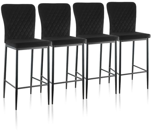 JaHECOME Lot de 4 tabourets de bar design en velours avec pieds en métal - Repose-pieds pour bistrot salle à manger et bar - Noir