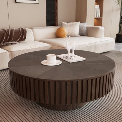 RZTPYS Moderner Runder Couchtisch Mit Stauraum, Minimalistischer Holz-Couchtisch Mit Riffeloptik Und Stabiler Säule, Runder Mittelttisch Für Wohnzimmer, Wohnung Und Büro,Dark Brown d80cm