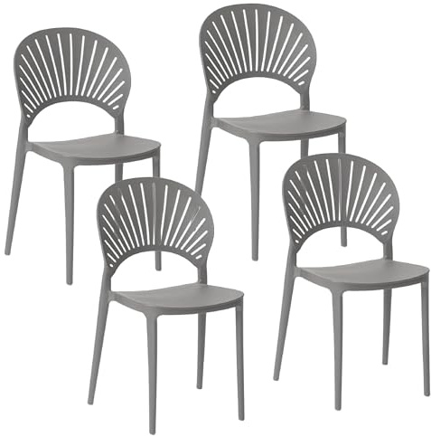 Baroni Home Juego de 4 sillas de plástico apilables, sin montaje, fáciles de limpiar, con gomas antideslizantes, para cocina, salón, comedor, 36 x 37 x 72 cm, gris, respaldo grande con rayos