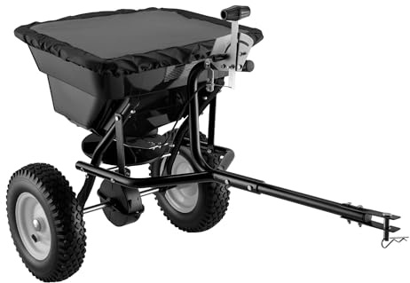 KTHENC Streuwagen 29L mit Anhängerkupplung, Luftreifen, Verstellbare Streubreite für Dünger Saatgut Streusalz Sand, Robuster Gartensstreuer für Rasenpflege und Wintervorbereitungen