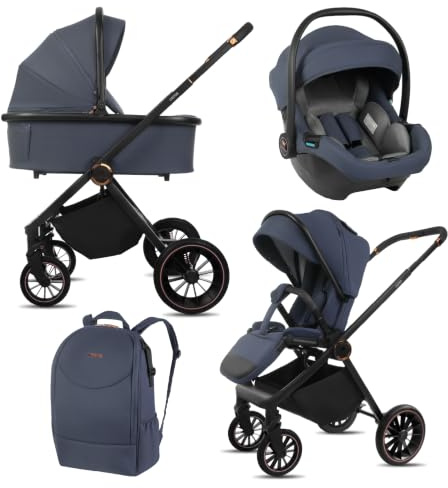 BabyLux® Kinderwagen 3in1 Set CASTOR, Faltbar Leicht Kombikinderwagen Set | incl. Babywanne, Buggy Sportsitz, Babyschale i-Size, Wickeltasche und mehr Zubehör, 4 Liegepositionen, 0-22kg, UV Schutz 50+