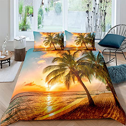 Bettbezug Orange 135x200 cm Palme Bei Sonnenuntergang 3 Teilig Bettwäsche-Set Modern Weiche Atmungsaktive und Angenehme Gedruckte Mikrofaser Bettbezüge mit Reißverschluss und 2 Kissenbezug 80x80 cm