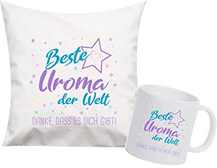 ShirtInStyle, Geschenkset, beste Uroma der Welt, danke das es dich gibt! Kissen- und Tasse als Set Farbe weiß