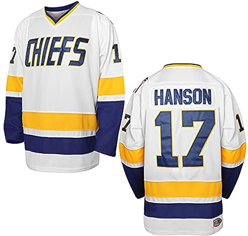 Hanson Brothers Hockeytrikot 16 Charlestown Chiefs 17 Jeff Slap Shot 18 Movie Hockeytrikot Blau Weiß S-3XL - Weiß - Groß