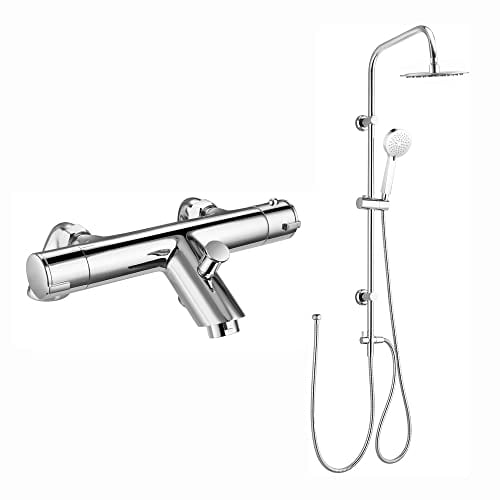 ENKI, Dune, BBT0216, Chrome, Thermostatic Deck Mounted Bath Shower Mixer, Dual Rigid Riser Kit, Brass, 200mm Slim Overhead Shower Multi Hand Shower, Anti-Scald, Modern, 1-Year Guarantee