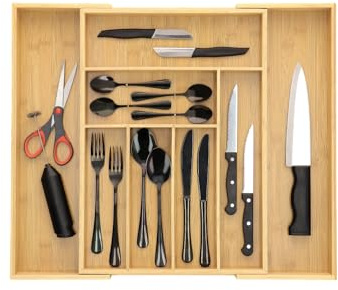 ACAZA Besteckkasten für Schubladen ausziehbar mit 7 bis 9 Fächern aus Bambus Holz, großer Schubladeneinsatz als Organizer in der Küche, Besteckeinsatz für Schubladen, 50 x 43 x 4.7 cm,