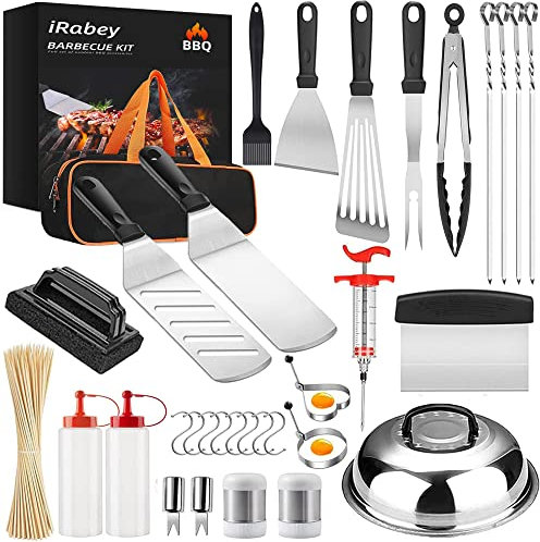 iRabey Lot de 40 accessoires de barbecue en acier inoxydable avec spatules Teppanyaki, grattoir pour hommes, camping en plein air