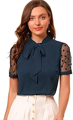 Allegra K Women's Bow Tie Neck V Neck Stand Collar Short Mesh Sleeve Blouse Small Navy Blue