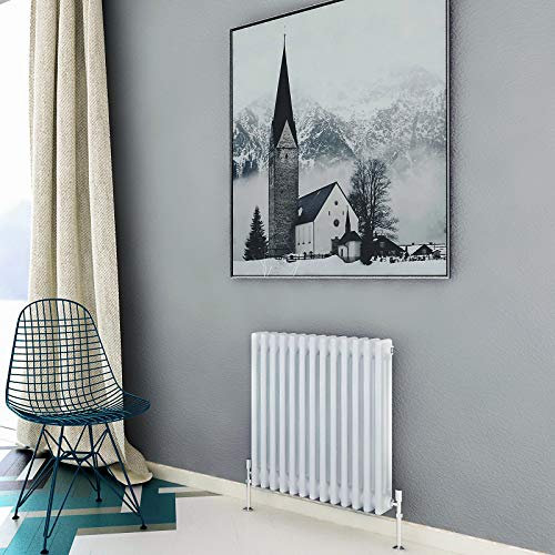 Acezanble∣3 Column Radiator, Horizontal 600mm White Wide Low Cast Iron Style Radiator Centre Heating for Window Hallway
