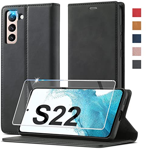 2024 Upgraded Handyhülle für Samsung Galaxy S22 Hülle Leder [Mit S22 Schutzfolie] für Samsung Galaxy S22 5G Hülle Klappbar Leder Flip Wallet Stoßfeste Case Schutzhülle Klapphülle für Samsung S22 Hülle