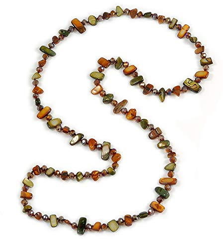 Avalaya Statement Long Olive/Brown Shell Nugget and Glass Crystal Bead Necklace/110cm Long