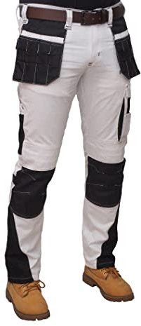 HASHOOB Mens Work Trousers Painters Decorators White Cargo Combat Pants (GRN-WHITE3, 30W X 32L)