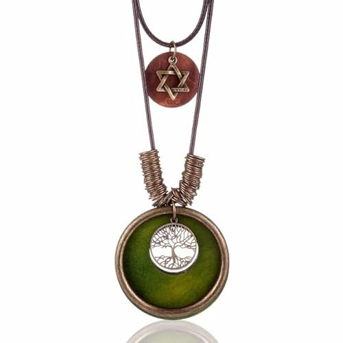 Woman Double Layer Long Necklaces Tree of Life Pendant Wooden Wood Chokers Necklace for Women Jewelry Trendy, wax strings, metal