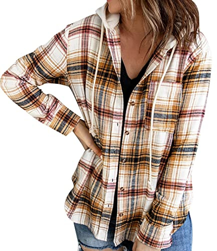 Générique Chemisier à Carreaux Chemise Femme Blouse Chic avec Bouton en Flanelle à Manches Longues Retroussée Style de Boyfriend Casual Veste Polaire avec Capuche