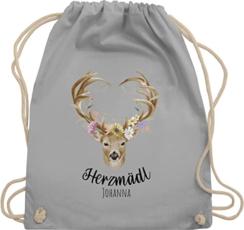 Turnbeutel Rucksack - Kompatibel Oktoberfest - Herzmädl Hirsch Geweih Hirschgeweih Madl - Unisize - Hellgrau - oktoberfest-tasche trachten name turnsack trachtenrucksack bayrisch herz rucksäcke