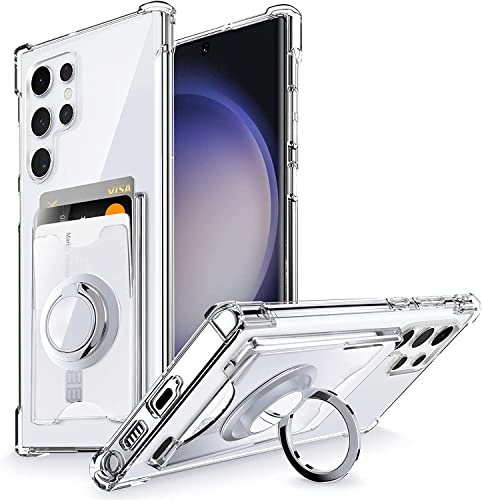 SHIELDS UP Designed for Samsung S23 Ultra Case, Minimalist Wallet Case with Ring Kickstand and Card Holder, Transparent Slim Shockproof TPU Bumper Cover for Galaxy S23 Ultra - Clear