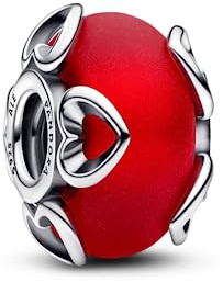 PANDORA Mattrotes Murano-Glas & Herzen Charm aus Sterling Silber, aus der PANDORA Moments Collection, 792497C01