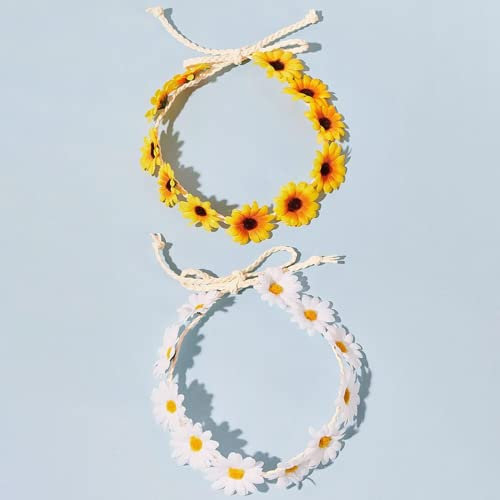 2Pcs White and Yellow Daisy Flower Headband Crown Boho Flower Headband Floral Hair Wreath Boho Headpiece for Bridal Women Girls Hippie Wedding Party Beach Festival