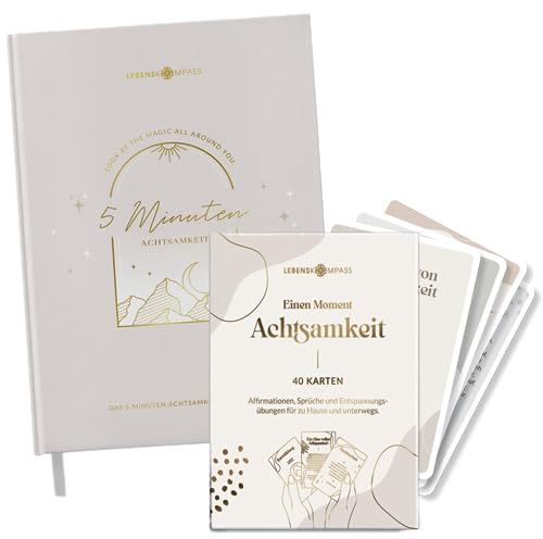 Lebenskompass 5-Minuten Tagebuch Set mit 40 Achtsamkeitskarten mit Affirmationen, Inspirationen und Motivationskarten - Set für Selbstreflexion