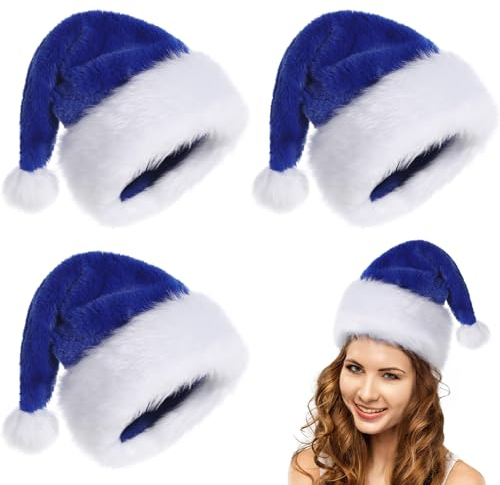 POPOYU 3 Stück Weihnachtsmütze Nikolausmütze Erwachsene,Weihnachtsmann Kostüm Nikolausmütze,Blau Mütze Dicker Plüsch Fellrand aus Plüsch Nikolaus,Weihnachtsmann Mütze für Herren/Damen