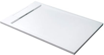 doporro Duschtasse Duschwanne 80x140x4 flach Mineralguss in Weiß DIN-Anschlüsse für bodengleiche Montage geeignet Geoma04
