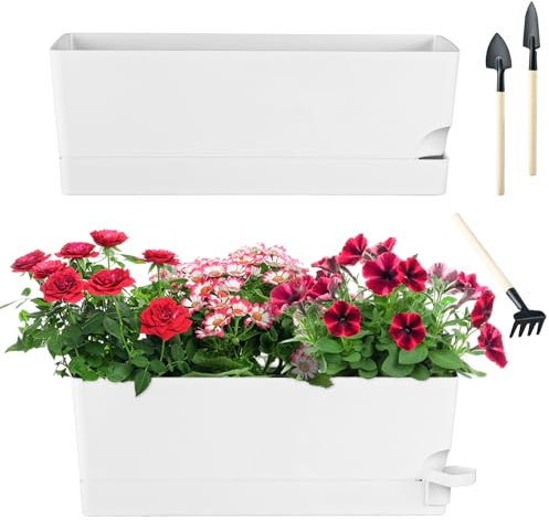 Lot de 2 grands pots de fleurs rectangulaires à arrosage automatique pour plantes d'intérieur avec trous de drainage et soucoupes, 43,2 cm, blanc