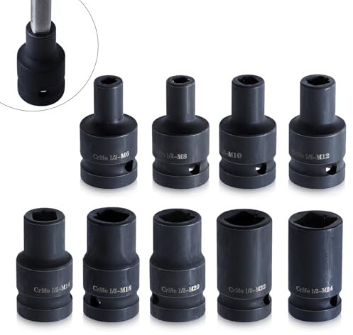 Goshyda 9 Pieces Tap Socket Set, 1/2 Inch Drive Square Socket Set, for Electric, Pneumatic, Hand Wrench, Cr Molybdenum Steel, Tool Accessories