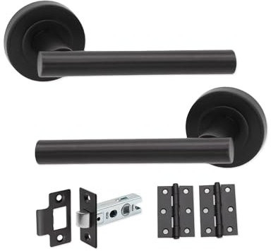 Infinity Decor Pack of Matt Black T-Bar Lever Door Handle on Rose with Tubular Latch and Butt Hinges Set - Pull Handles for Internal Doors