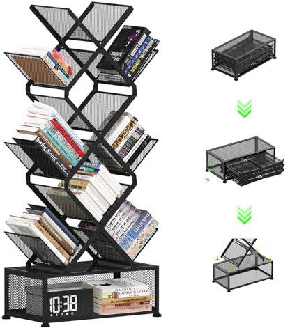 Gintan libreria da scrivania verticale, libreria ad albero 9 piani piccola libreria per camera da letto, scaffale pieghevole per soggiorno, studio, casa, ufficio, camera da letto (nero)